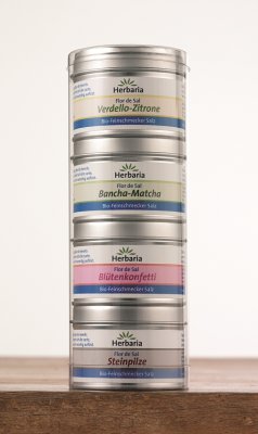 Herbaria BIO Flor de Sal Spezialit&auml;ten Set - Flor de Sal- Bl&uuml;tenkonfetti, -Steinpilz,-Verdello-Zitrone,- Bancha-Matcha