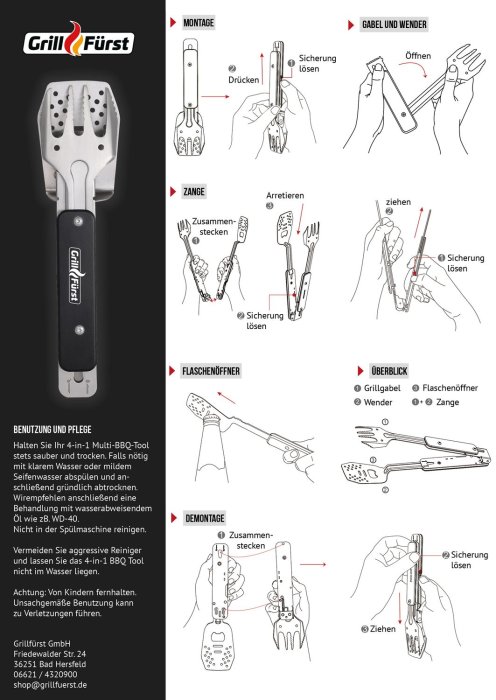 Das Grillfürst Multi-BBQ-Tool mit Grillzange, Grillwender, Grillgabel und Flaschenöffner