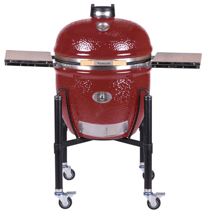 Der Monolith Keramikgrill Le Chef Pro Serie 2.0 rot mit Gestell und Seitentischen