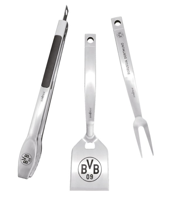 Das BVB Grillbesteck Set besteht aus Premium Grillzange, Wender und Gabel