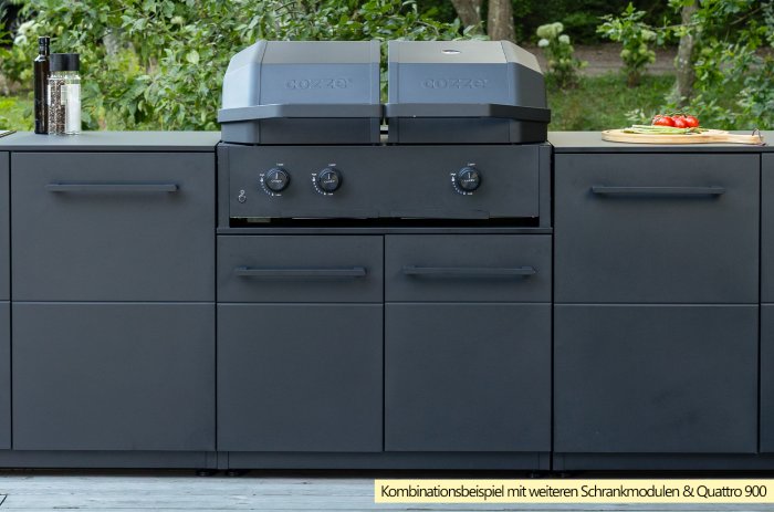 Kombinationsbeispiel COZZE Outdoor Küche Elements mit niedrigem Schrankmodul
