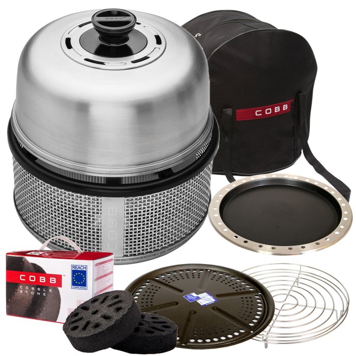 Cobb Grill Premier AIR Deluxe mit Tragetasche, Grillplatte, Bratenrost, Teflonpfanne und Cobble Stones