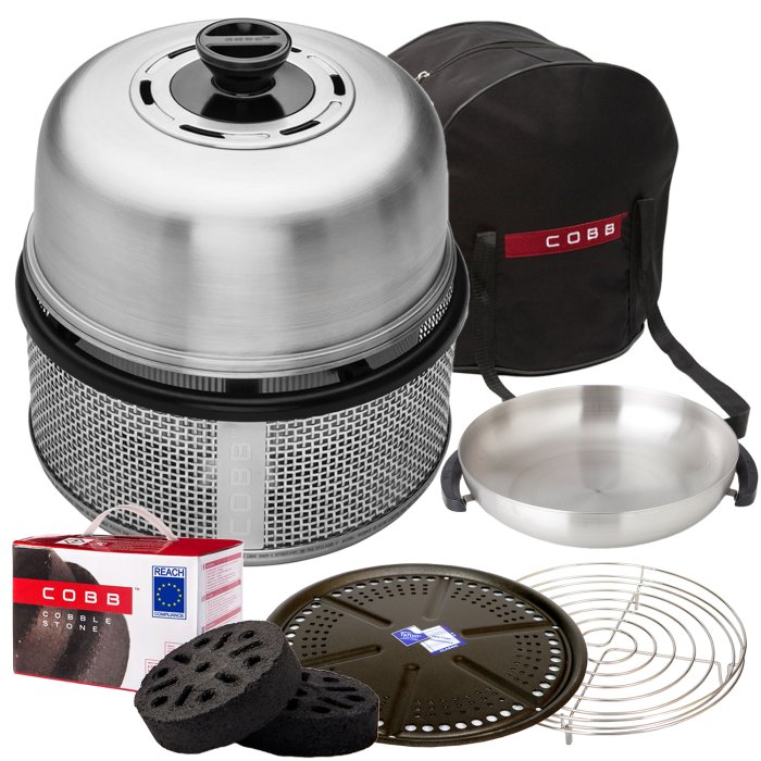 Cobb Grill Premier AIR Deluxe mit Tragetasche, Grillplatte, Bratenrost, Edelstahl Wok und Cobble Stones