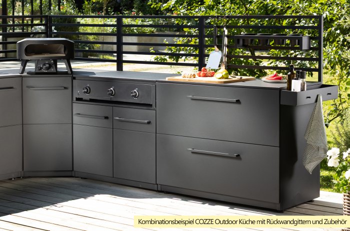 Kombinationsbeispiel COZZE Outdoor Küche Elements mit Rückwandgitter