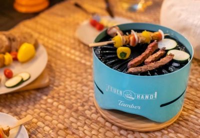 Feuerhand Tamber Mini-Tischgrill in Lichtgrün mit Grillgut Jede Menge Grillspaß mit dem kleinen Feuerhand Tamber