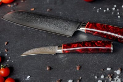 Grillfürst Damastmesser aus hochwertigem, japanischem Premiumstahl (Santoku und "Kneipchen"