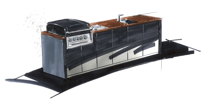 Grillfürst Outdoor Küche aus HPL mit Einbaugrill, Wokbrenner, Spüle und Theke