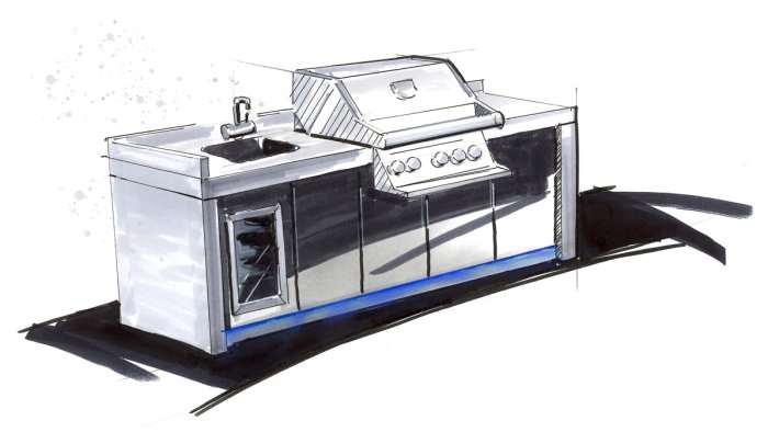 Grillfürst Outdoor Küche aus massivem Beton mit Napoleon Einbaugrill, Spüle, Kühlschrank und LED Beleuchtung