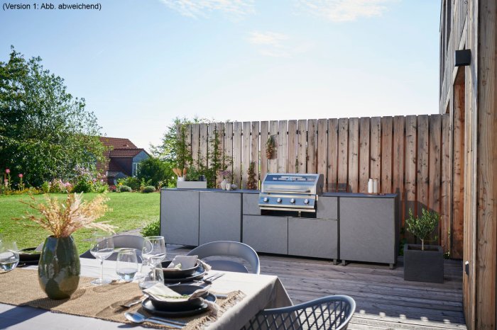 Die individuelle Outdoor Küche komplett aus HPL strotzt Wind und Wetter