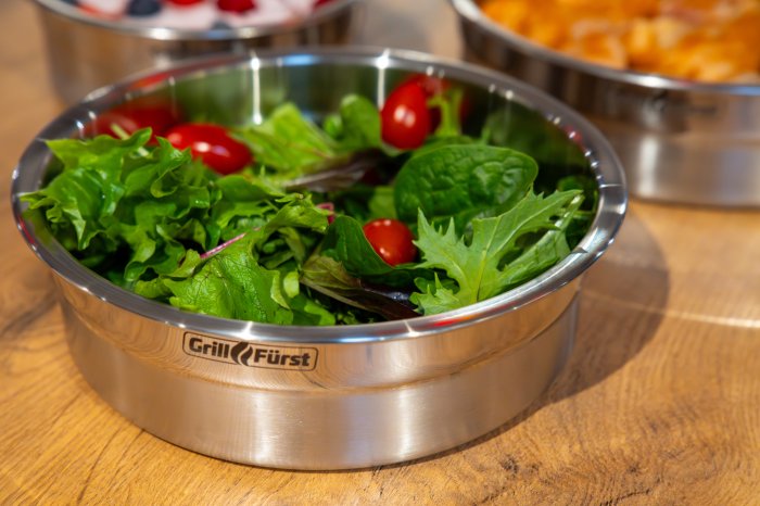 Grillfürst flache Edelstahlschüssel mit Glasdeckel für Salate