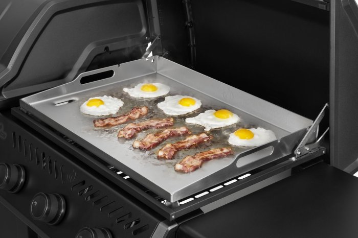Die vielseitige Edelstahlplancha bietet viel Platz für Fleisch, Fisch, Gemüse, Pfannengerichte, Eier, Pancakes und mehr