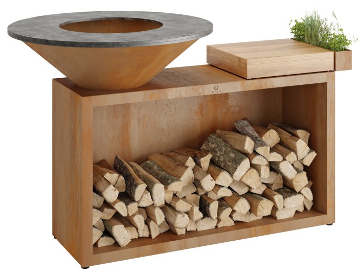 OFYR Feuerplatte Island Corten 85 mit Teakholz Schneidebrett