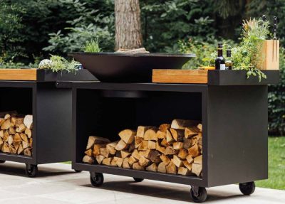 OFYR Island PRO Feuerplatte 100 in Schwarz - mit Arbeitsfläche, viel Stauraum und Rollen