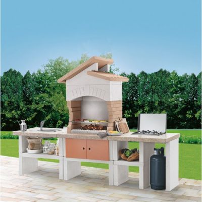 Palazzetti Cordoba Outdoorküche mit Grillkamin und  zusätzlichen Modulen (Spüle + Gaskochstelle)
