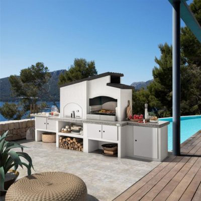 Palazzetti Outdoorküche New Zealand mit grauer polierter Marmotech Arbeitsplatte, Schamott Pizzaofen, Spüle und großer Arbeitsfläche