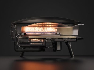 Aufbau des Witt Etna Rotante Pizzaofen Witt Etna Rotante im Querschnitt - mit U-förmigem Hauptbrenner, Booster-Brenner unter dem Pizzastein und herausnehmbarem Antriebssystem