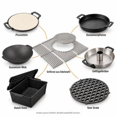Switch Grid Edelstahlrost mit passenden Einsätzen Enders Switch Grid Edelstahlrost mit Pizzastein, Gusseisenpfanne, Wok, Geflügelbräter, Dutch Oven und Sear Grate