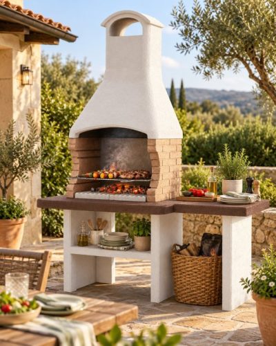 Grillkamin mit seitlicher Arbeitsfläche: Grillgerichte im Garten zubereiten und direkt daneben anrichten Grillkamin mit seitlicher Arbeitsfläche: Grillgerichte im Garten zubereiten und direkt daneben anrichten