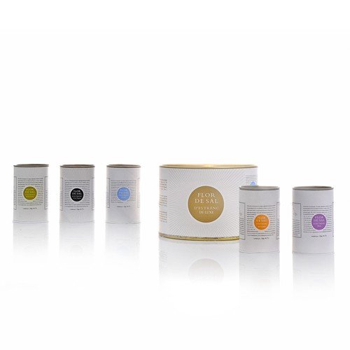 Flor de Sal D Es Trenc De-Luxe-Set: Natur, Mediterrane Kräuter, Sri Lanka Curry, Schwarze Oliven, Rosa (à 50g / Dose)