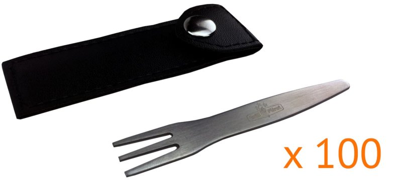 Grillfürst Promo-Pack: 100 Stück Deluxe Edelstahl Pommesgabel mit Etui 8,5 cm