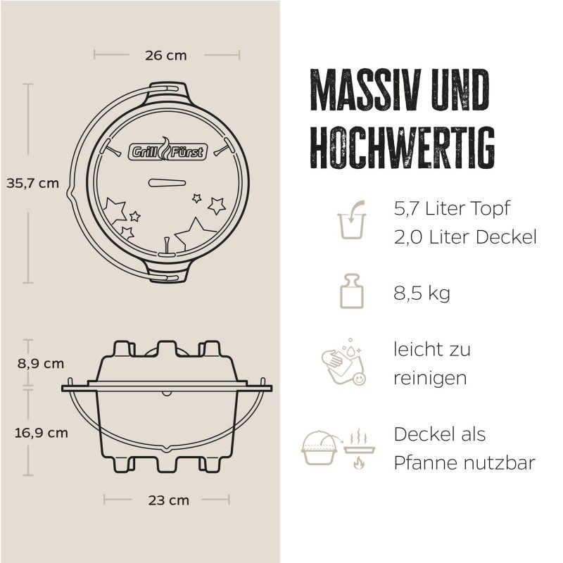 Grillfürst Feuerschale 75 cm - PARTY SET - inkl. Petromax Feueranker und Grillfürst Dutch Oven DO6 BBQ Edition