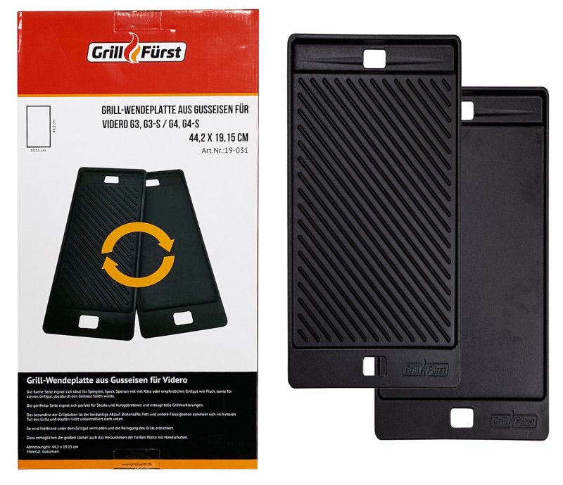 Grillfürst Grillplatte Gusseisen für Videro G3/G3-S und G4/G4-S bis Modell 2020, auch für G2-S Vario+ und G3-S Vario+ geeignet, 44,5 x 19,2 cm