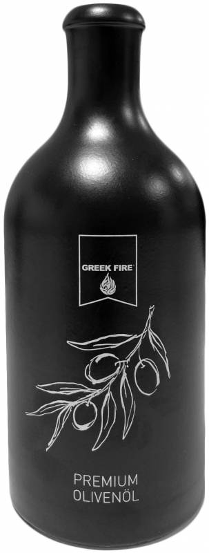 Greek Fire Keramik Flasche für Öl - mit Edelstahl-Außgießer und Reinigungsbürste