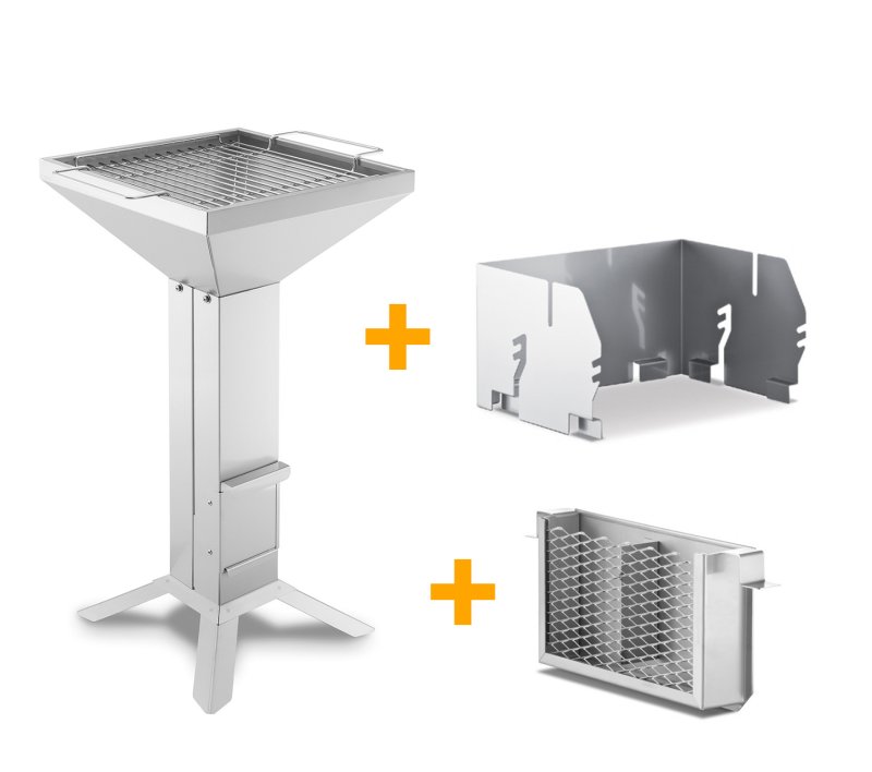 Thüros Holzkohlegrill T2-4F / Edelstahl Säulengrill 35x35 cm 4 Fuß inkl. Windansteckblech und Kohleschacht