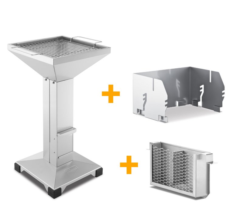 Thüros Holzkohlegrill T2 / Edelstahl Säulengrill 35x35 cm inkl. Windansteckblech und Kohleschacht