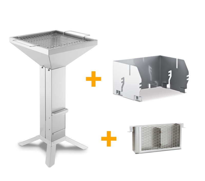 Thüros Holzkohlegrill T3-4F / Edelstahl Säulengrill 42x42 cm 4 Fuß inkl. Windansteckblech und Kohleschacht