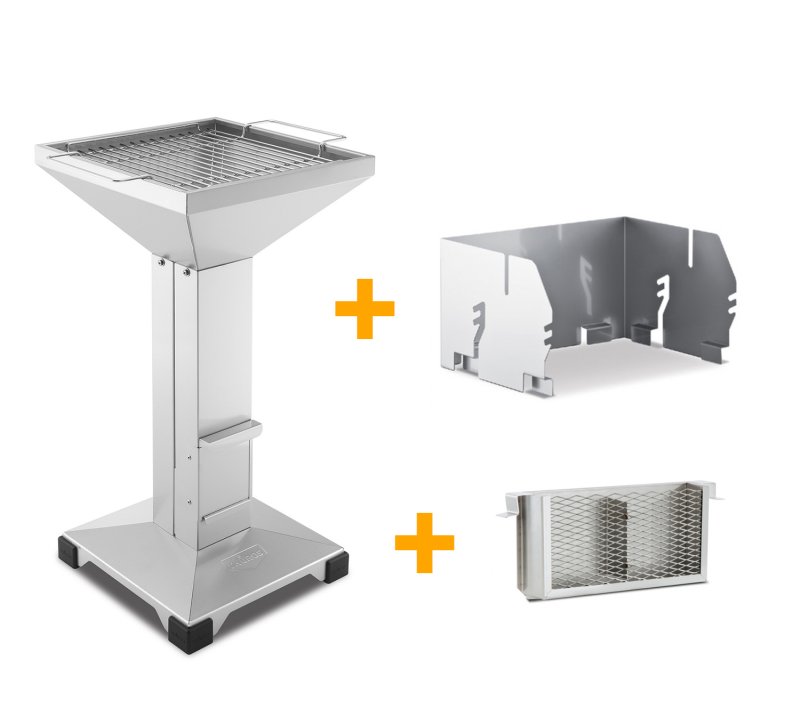 Thüros Holzkohlegrill T3 / Edelstahl Säulengrill 42x42 cm inkl. Windansteckblech und Kohleschacht
