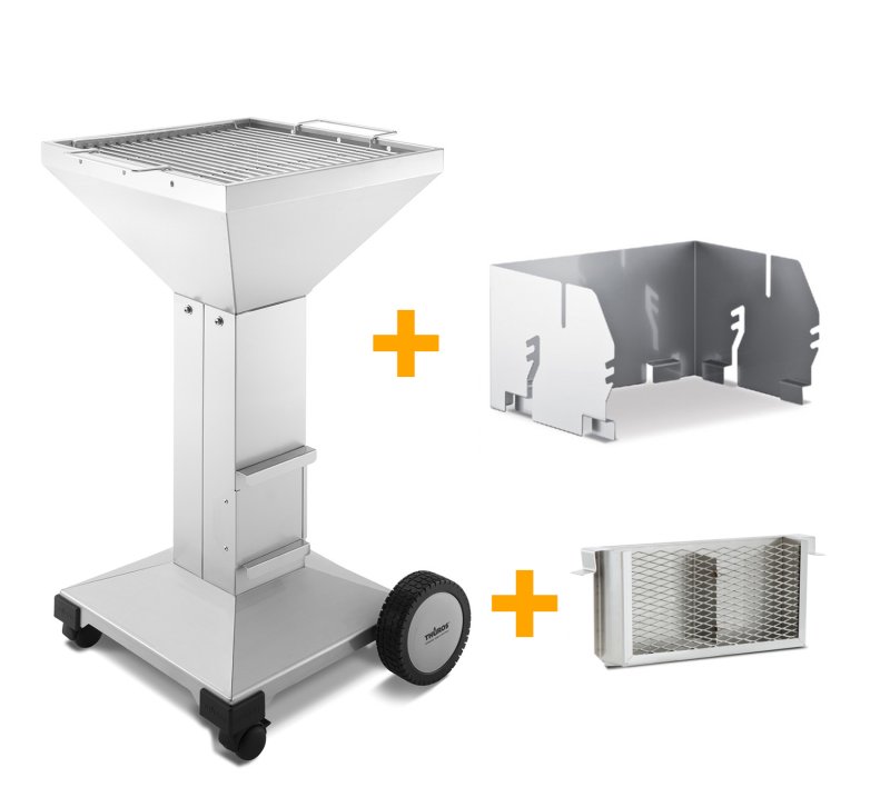 Thüros Holzkohlegrill T3-F / Edelstahl Säulengrill 42x42 cm fahrbar inkl. Windansteckblech und Kohleschacht