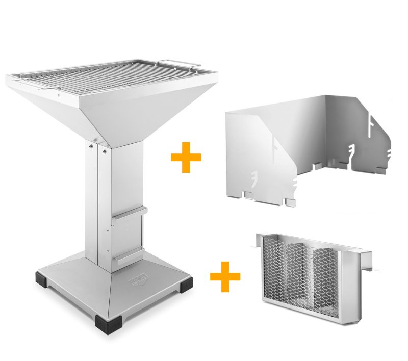 Thüros Holzkohlegrill T4 / Edelstahl Säulengrill 40x60 cm inkl. Windansteckblech und Kohleschacht