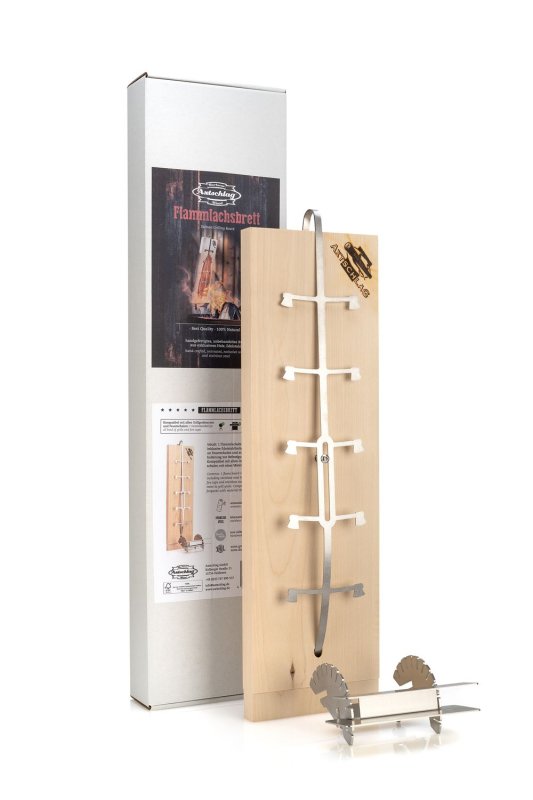 Axtschlag Flammlachsbrett Premium Line Kirsche - mit Klemmhalterung & patentierter Halterung für Feuerstelle + Grillrost