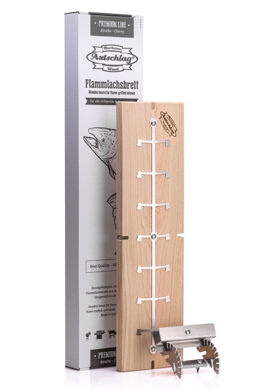 Axtschlag Flammlachsbrett Premium Line Kirsche - extra lang - mit Schraubhalterung & patentierter Halterung für Feuerstelle + Grillrost