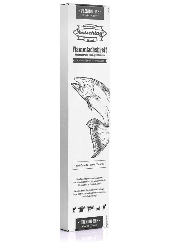 Axtschlag Flammlachsbrett Premium Line Kirsche - extra lang - mit Schraubhalterung & patentierter Halterung für Feuerstelle + Grillrost
