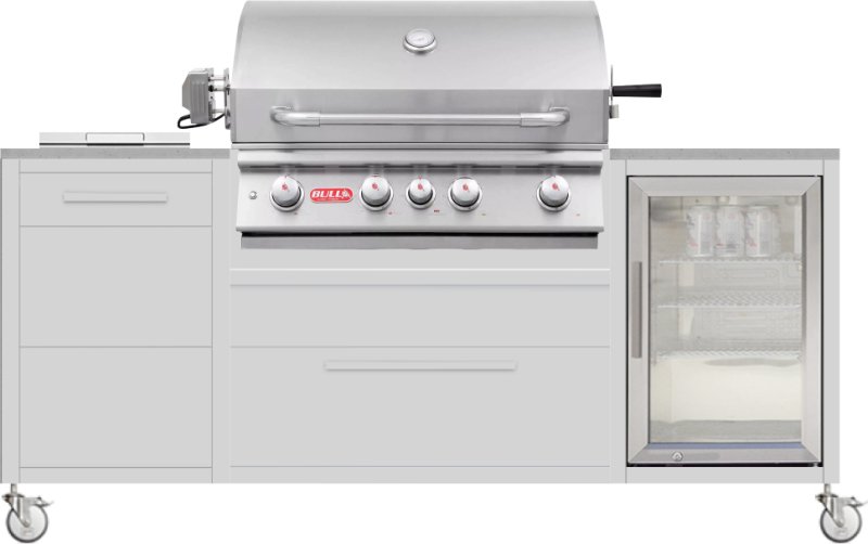 BURN Outdoorkitchen: BURN BBQ Block mit BULL Angus, Beefeater Proline Seitenbrenner und Caso BBQ Cooler Kühlschrank (60er, Dust/Albarium)