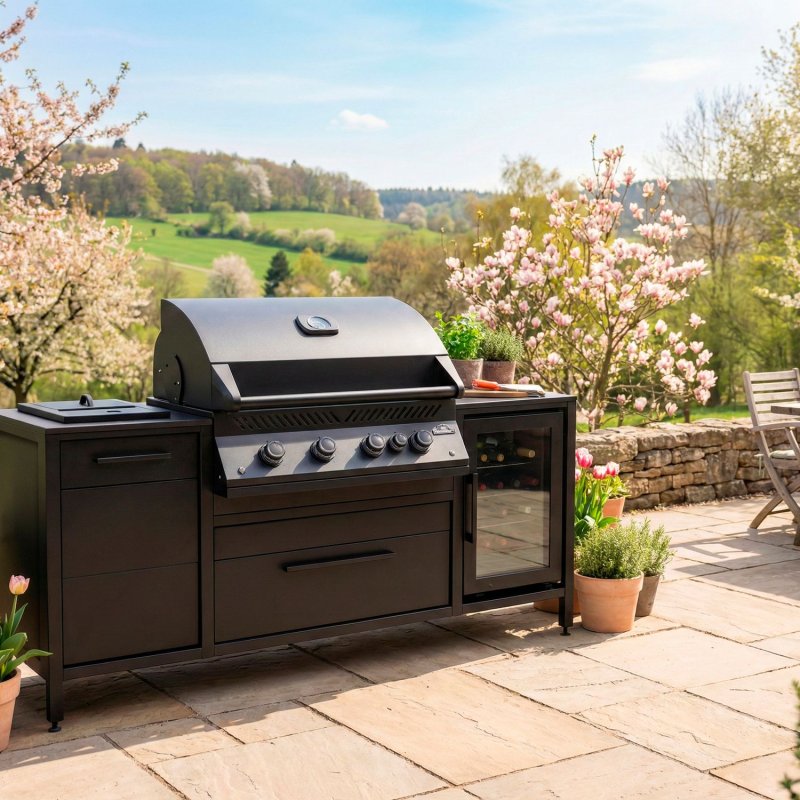 BURN Outdoorkitchen: BURN BBQ Block mit Napoleon 700-Series BIG32 Mattschwarz, Sizzle Zone Mattschwarz und Caso BBQ Cooler Kühlschrank (60er, Shadow/Sirius)