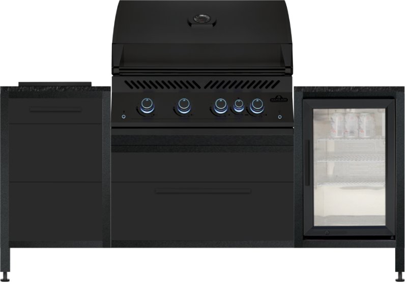 BURN Outdoorkitchen: BURN BBQ Block mit Napoleon 700-Series BIG32 Mattschwarz, Sizzle Zone Mattschwarz und Caso BBQ Cooler Kühlschrank (60er, Shadow/Sirius)