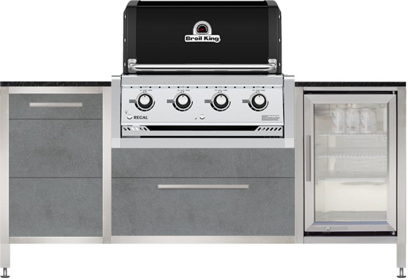 BURN Outdoorkitchen: BURN BBQ Block mit Broil King Regal 420 Black, Caso BBQ Cooler Kühlschrank und Gasflaschenschrank (60er, Smoke/Sirius)