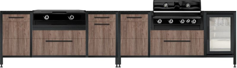BURN Outdoorkitchen: 2 x BURN BBQ Block mit Outdoorchef HEAT X-415, X-245 Blazing-/Cooking Zone und Caso BBQ Cooler Kühlschrank (60er, Dark Oak/Sirius)