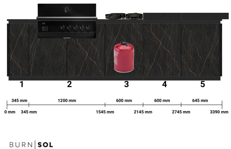 BURN Outdoorkitchen: BURN SOL Outdoor Küche mit Outdoorchef QUBE X-415 RB Schwarz, PITT Seitenkocher und Pult (Kücheninsel)