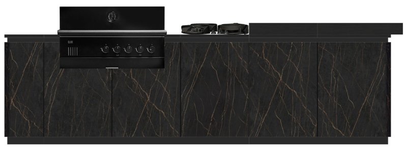 BURN Outdoorkitchen: BURN SOL Outdoor Küche mit Outdoorchef QUBE X-415 RB Schwarz, PITT Seitenkocher und Pult (Kücheninsel)