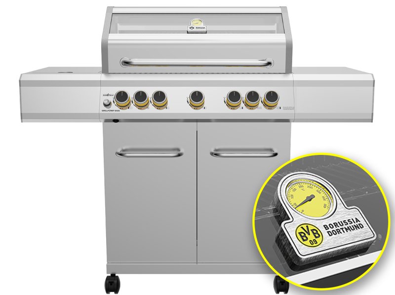 Grillfürst G521G 5-Brenner Edelstahl-Gasgrill Borussia Dortmund Edition mit Hochtemperaturbrenner, Heckbrenner und Gusseisen Rosten