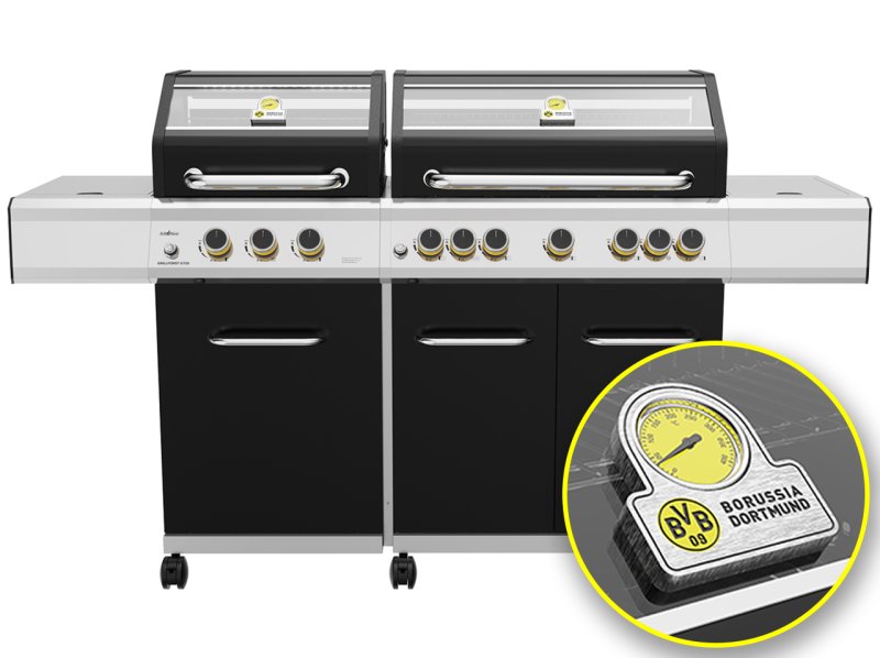 Grillfürst G750E Borussia Dortmund Edition 7-Brenner Doppelkammer - Gasgrill mit Hochtemperaturbrenner, Seitenkocher, Heckbrenner und Edelstahl Rosten