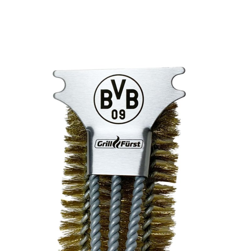 Grillfürst Grillbürste Messing - Borussia Dortmund Edition für Gusseisen Roste, mit langem 3-fach Bürstenkopf und Schaber