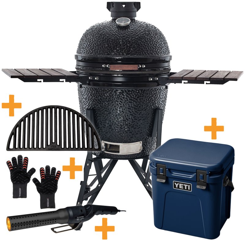 The Bastard Keramikgrill Classic Large - Complete - schwarz glänzend  - inkl. One Minute Lighter, Halbmond Gussrost, Grillhandschuhe & YETI ROADIE 24 Kühlbox Navy