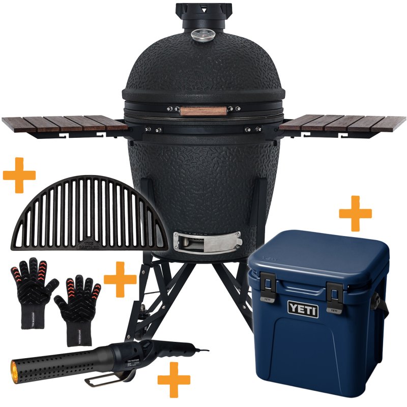The Bastard Keramikgrill Urban Large - Complete - schwarz matt - inkl. One Minute Lighter, Halbmond Gussrost, Grillhandschuhe & YETI ROADIE 24 Kühlbox Navy