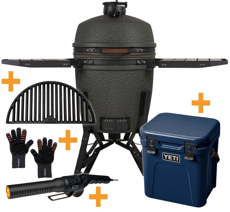 The Bastard Keramikgrill VX Large - Complete - schwarz matt - inkl. One Minute Lighter, Halbmond Gussrost, Grillhandschuhe & YETI ROADIE 24 Kühlbox Navy