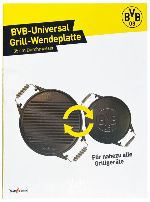 Grillfürst Universal Grillplatte rund / Wendeplatte aus Gusseisen Ø 35 cm - Borussia Dortmund Edition